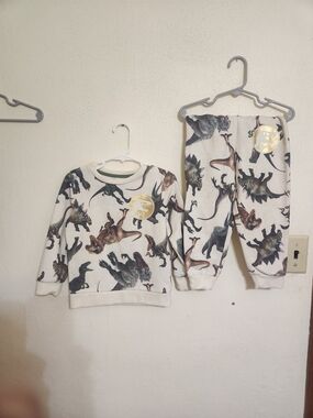 Kids Dinosaur Print Matching Set - Cream Sweatshirt & Pants